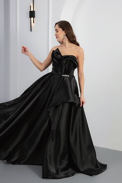 Lafaba Rochie de seară lungă din satin, neagră, fără bretele