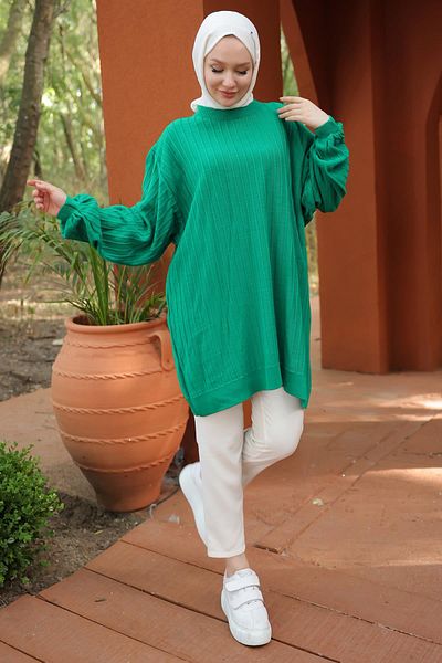 hafsamina Green Balloon Sleeve Knitwear Tunic - Hm2519