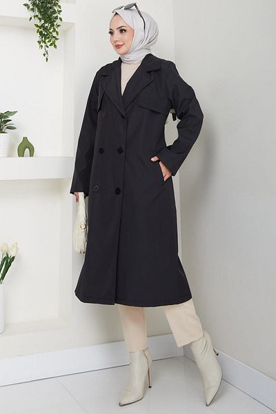 hafsamina Black Plus Size Trench Coat - Hm2637