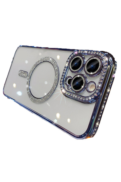 UnDePlus Apple iPhone 16 Pro Kılıf Simli Magsafe Kamera Kenar Taşlı Kapak