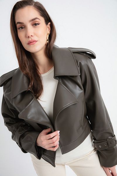 Lafaba Women's Khaki Oversize Faux Leather Jacket