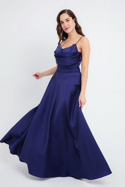 Lafaba Women's Navy Blue Strap Midi Satin Evening Dress