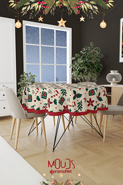Moud's مفرش طاولة مستدير من الجلد السويدي الكريمي بنمط عيد الميلاد - قماش بدون رباط