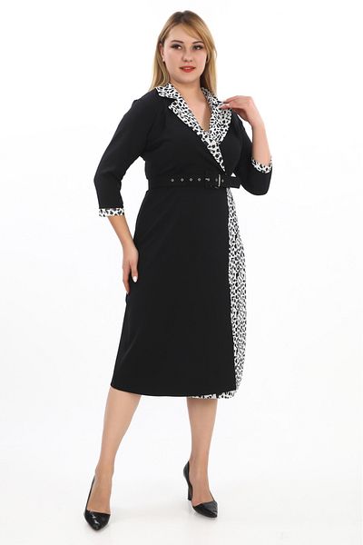 etselements Double-Breasted Neckline Black-And-White Pattern Detailed Belted Evening Dress 151