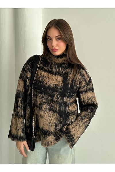 Laluvia Camel - Pulover negru cu guler ridicat - 4677