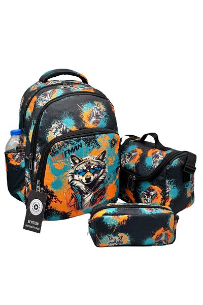 Bevitton Set de 3 ghiozdane de școală primară cu model Black Wolf pentru băiat