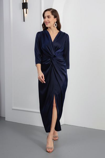 Lafaba Rochie de seară midi, albastru bleumarin, cu decolteu în V