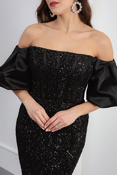 Lafaba Dámské černé večerní šaty bez ramínek s dlouhými flitry s rybími flitry