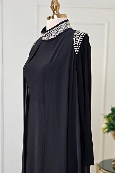 Yonca Moda Evi Siyah Şifon Taş Detay Abaya Abiye 4320