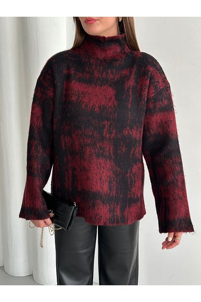 Laluvia Weinrot - Schwarzer Stehkragen Pullover - 4677