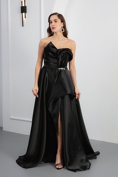 Lafaba Rochie de seară lungă din satin, neagră, fără bretele