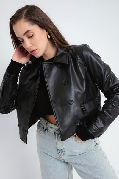Lafaba Women's Black Buttoned Short Faux Leather Jacket