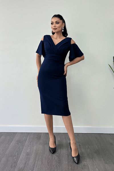 giyimmasalı Crepe Fabric Drawstring Detailed Pencil Dress - Dark Blue