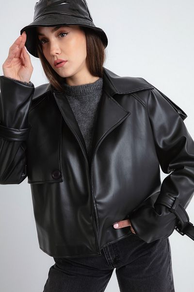 Lafaba Women's Black Sleeve Detailed Faux Leather Jacket