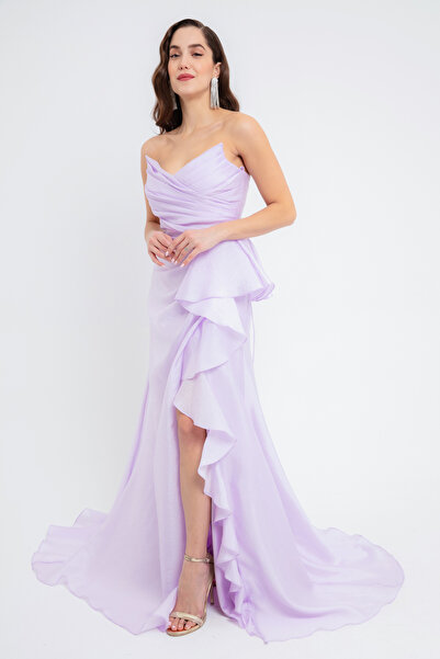 Lafaba Dámské fialové dlouhé večerní šaty bez ramínek