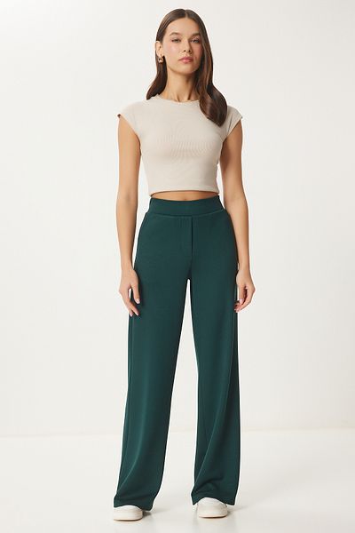 Lovelyİstanbul Pantaloni interlock confortabili cu picioare largi VERDE SMERRY LUB0067