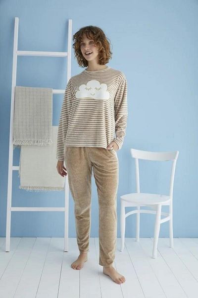 Sevim 13382 Milk Coffee Striped Velvet Pajamas Set