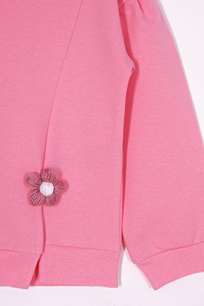 zepkids Bisiklet Yaka Uzun Kol Yırtmaçta Papatya Detaylı Uzun Kollu Pembe Renk Kız Çocuk Eşofman Takımı