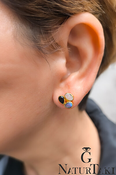 Naturtakı Siyah Akik Ay Taşı ve Labradorit Doğal Taşlı Gümüş Üzeri Saf Altın ...