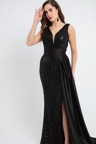 Lafaba Dámské dlouhé večerní flitrové šaty s černým pasem