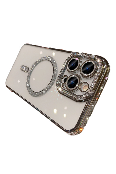 UnDePlus Apple iPhone 16 Pro Kılıf Simli Magsafe Kamera Kenar Taşlı Kapak