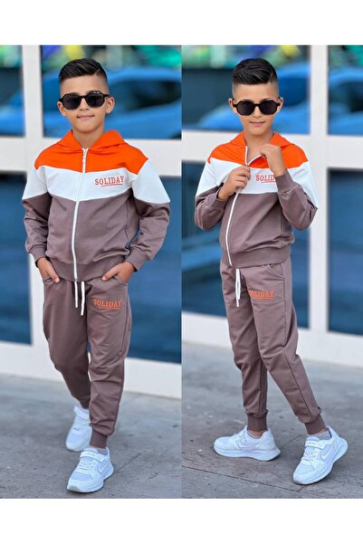 SÜSLÜ KİDS Boy's Hooded Zippered 2Ip Bottom Top Tracksuit Set