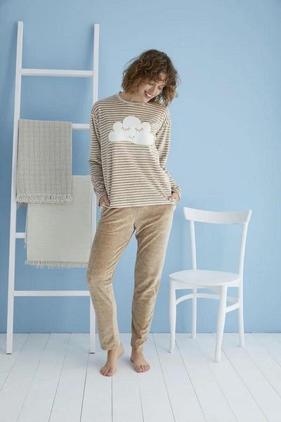 Sevim 13382 Milk Coffee Striped Velvet Pajamas Set