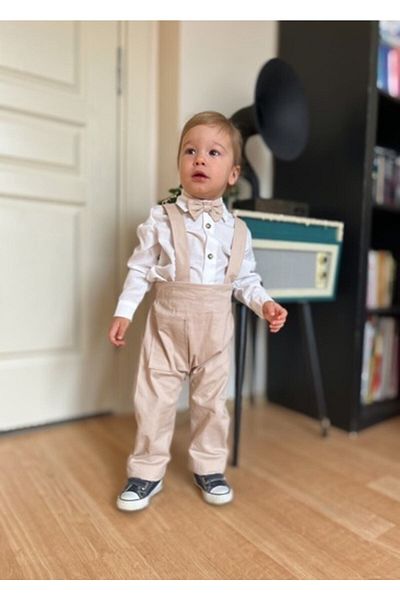 favorimkids Cream Cotton Harem Salopet + Classic Long Sleeve Shirt + Bow Tie