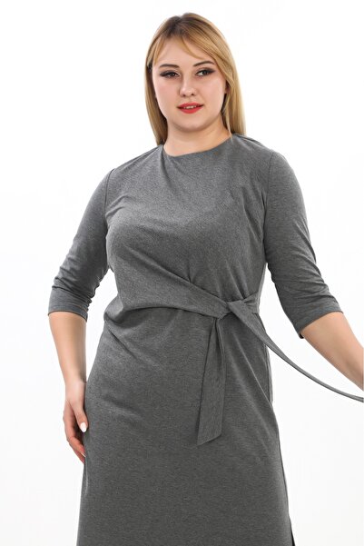 etselements Gray Evening Dress - Slit and Tie Waist, Model 7077