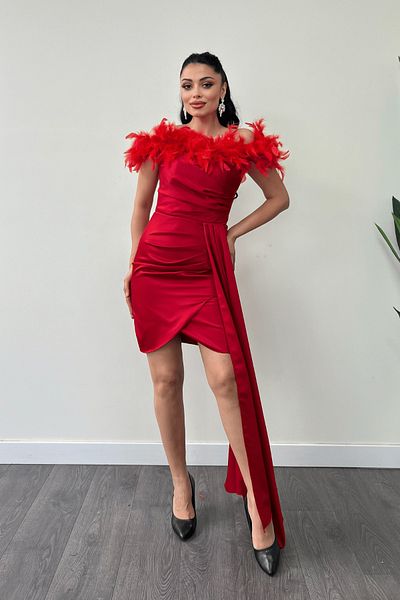 giyimmasalı Rochie mini din satin rosu - Detaliu Otriş