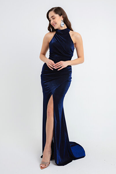 Lafaba Női Saks kötőfék nyakú hasított csillogó hosszú estélyi ruha