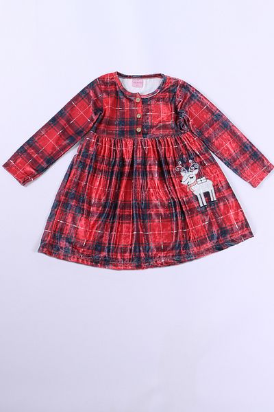 HÇM Velvet Print Long Sleeve Dress for Girls - Deer Embroidery, Yilbashi C40