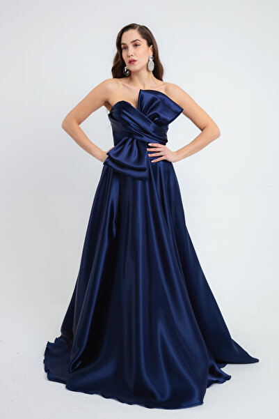 Lafaba Női sötétkék masni, részletezett, hasított hosszú estélyi ruha