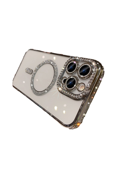 UnDePlus Apple iPhone 16 Pro Kılıf Simli Magsafe Kamera Kenar Taşlı Kapak