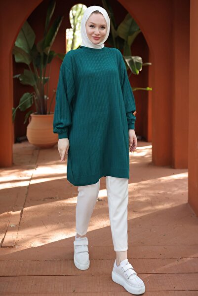 hafsamina Σμαραγδένιο πλεκτό τουνίκ με μανίκια μπαλόνι - HM2519