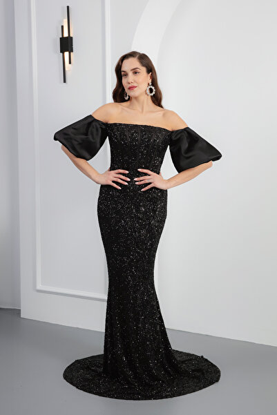 Lafaba Dámské černé večerní šaty bez ramínek s dlouhými flitry s rybími flitry