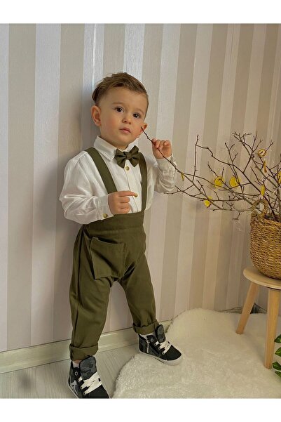 favorimkids Green Cotton Salopet Suit Classic Long Sleeve Shirt with Bow Tie