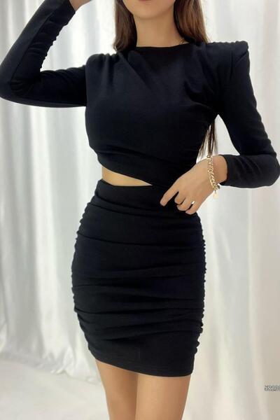 Deafox Black Waist Low-cut Long Sleeve Padded Imported Crepe Fabric Dress