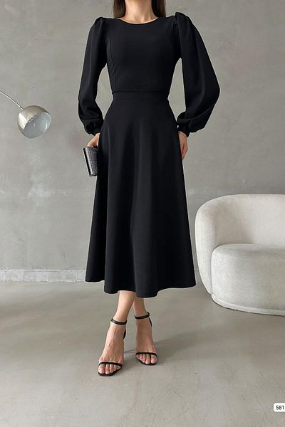 Deafox Schwarzes Kleid aus importiertem Kreppstoff mit Ballonärmeln und Rundhalsausschnitt in Midigröße