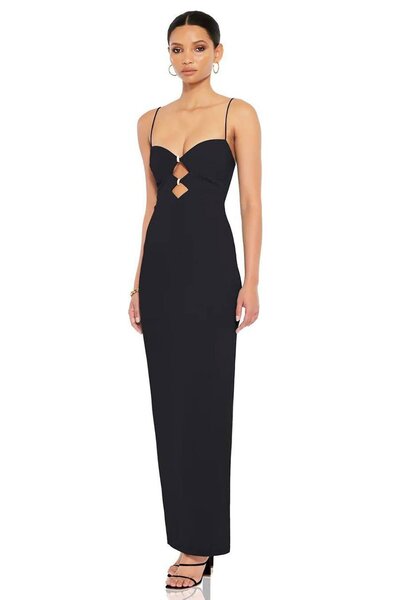 Deafox Scuba Crepe Fabric - Black Maxi Length Slit Dress