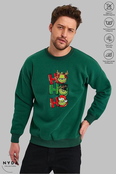 Nyda Collections Unisex Grinch Hohoho Πρωτοχρονιάτικο χριστουγεννιάτικο στάμπα με λαιμόκοψη χωρίς κουκούλα υπερμεγέθη φούτερ