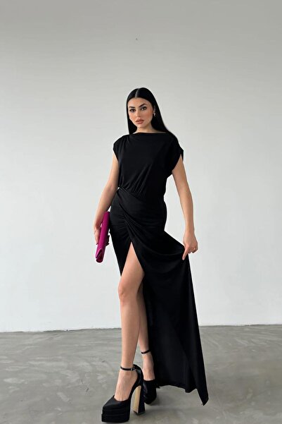 Deafox Black Sandy Fabric Double Breasted Slit Maxi Length Dress