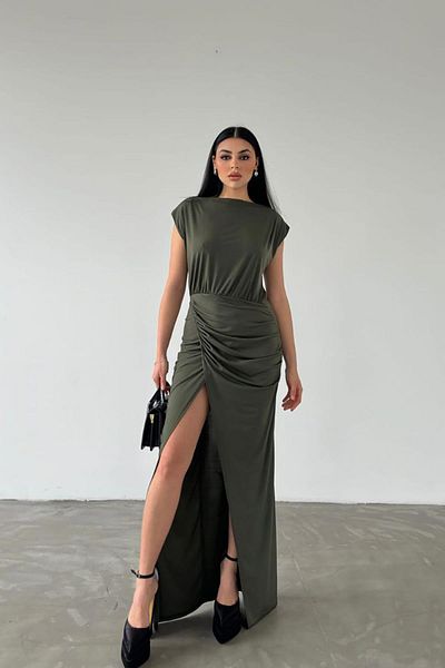 Deafox Φόρεμα Maxi Length με διπλό στήθος από ύφασμα Khaki Sandy
