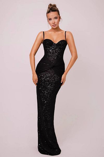 Deafox Glop Detailed Black Draped Maxi Dress - Sequin Embroidered