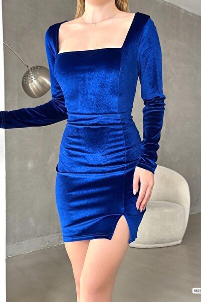 Deafox Saks Blue Velvet Fabric Slit részletes, hosszú ujjú miniruha