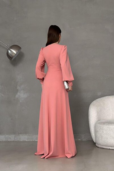 Deafox Detail uzel vpředu z práškové krepové látky Šaty s dlouhým rukávem a dvojitým rozparkem