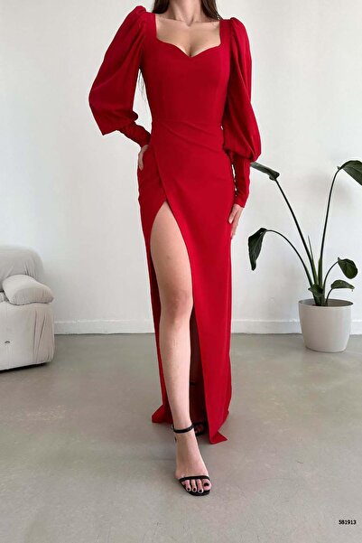 Deafox Red Balloon Sleeve Slit Detail Imported Crepe Fabric Long Evening Dress