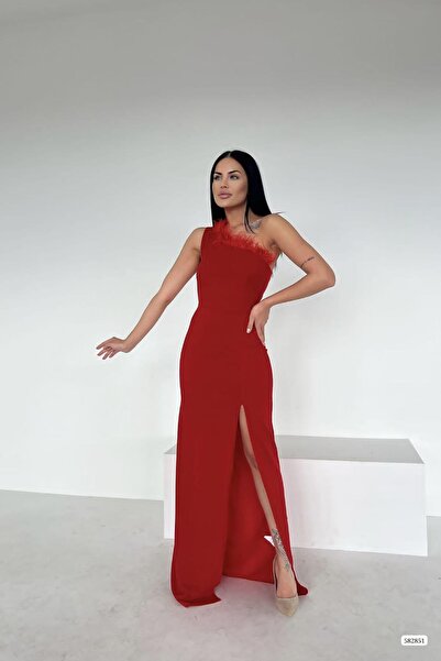 Deafox Rochie roșie din țesătură creponată cu un singur umăr