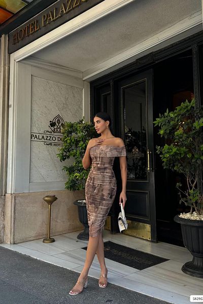 Deafox Μίντι τούλι φόρεμα Madonna Collar Brown - Μικτό σχέδιο