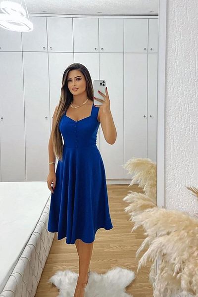 Deafox Saks Blue Εισαγόμενο κρεπ ύφασμα Φόρεμα με λεπτομέρεια με κουμπιά με χοντρό λουράκι